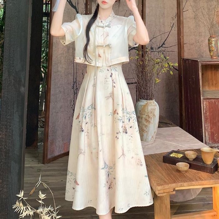 ORZQU 여름 여자 캐주얼 끈 나시 허리 조임 프린트 원피스 플레어 스커트 매듭 단추 반팔 셔츠 투피스