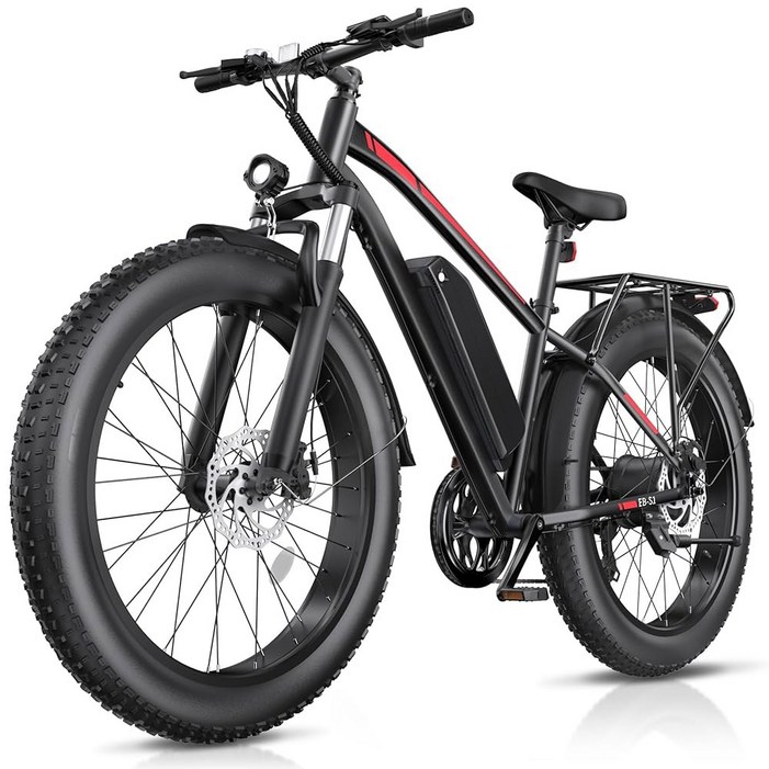 Look 전기 자전거, 1000W 피크 25mph 60마일 48V 13AH 배터리 산악 26인치 x 4인치 팻 타이어 후면 랙, 펜더, 7단, UL 2849 인증 획득