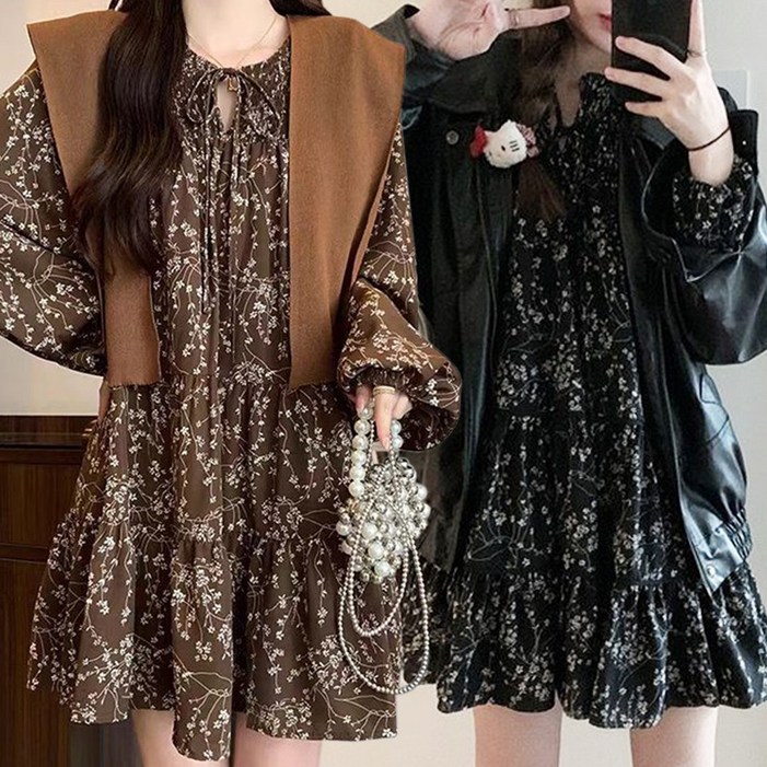 모던허니 루즈핏 플라워 쉬폰 원피스 캉캉스타일 데이트룩