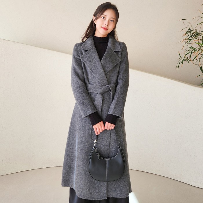 슬림핏 V넥 울 코트 핸드메이드 회색 A라인 스트레이트 엘로