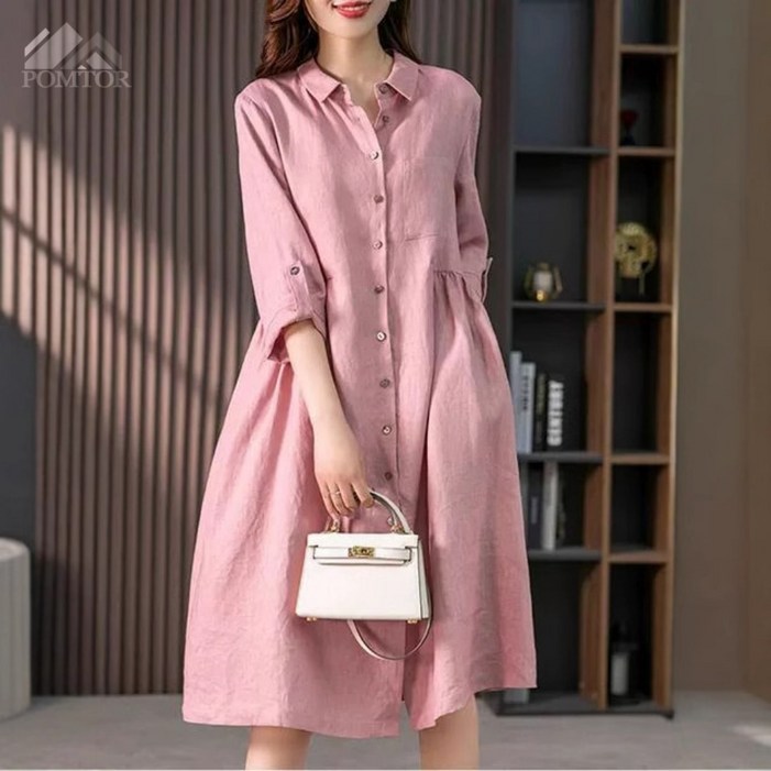 POMTOR 여성 가을 간절기 심플 루즈핏 면마 긴팔 원피스 셔츠원피스