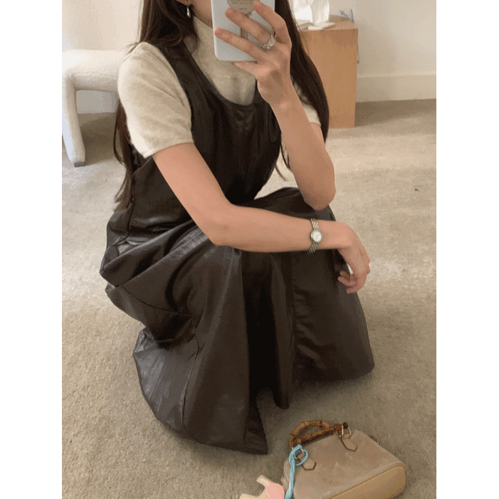 루어스룸 가을 리노 유넥 가죽 레더 봄 루즈핏 절개 레이어드 롱원피스(2color)