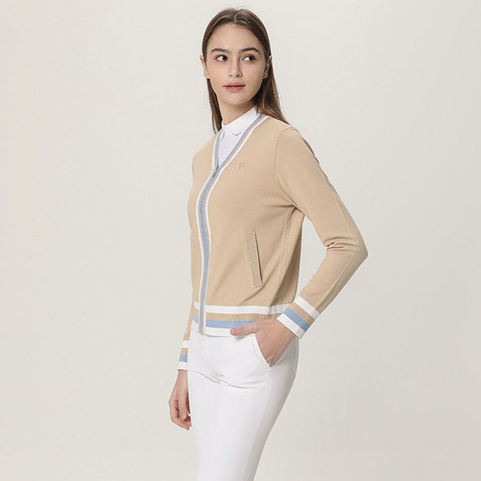 여성3도 배색 브이넥 집업 가디건HF1WCD001