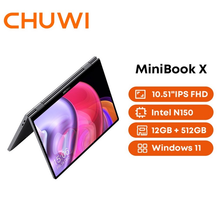 CHUWI MiniBook X 10.51인치 Win11 Intel N150 노트북 그레이 12G RAM 512G ROM 터치스크린 1920 x 1200 16:10 IPS 디스플레이