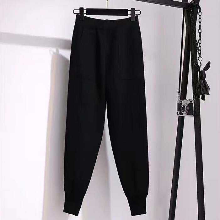 WANGBAIWAN 여성 편한 스포티 니트 조거팬츠 하이웨이스트 빅포켓 배기바지 캐주얼룩 L90502