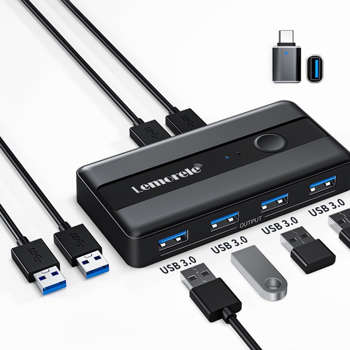 Lemorele USB 스위치 어댑터 2 입력 4 출력 USB 스위치 KVM 스위처 프린터 컴퓨터 키보드 마우스 공유자 컨트롤러, 검정, 1개