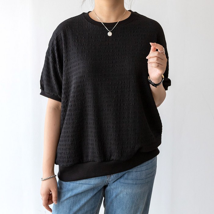 코코세븐 여성 여름 오버핏 엠보 라운드 시보리 반팔 맨투맨 티셔츠