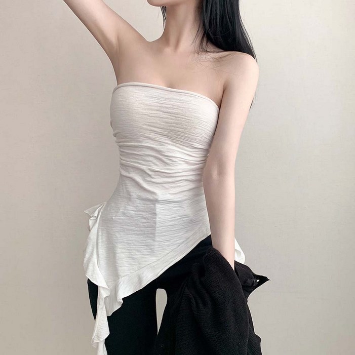 보헤미안 언발 러플 프릴 탑나시