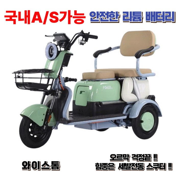 와이스톰 강력한힘 여성 노인 3륜 세발 전기오토바이 전동스쿠터 2인용 3인용 출퇴근, 그린, 경량스틸
