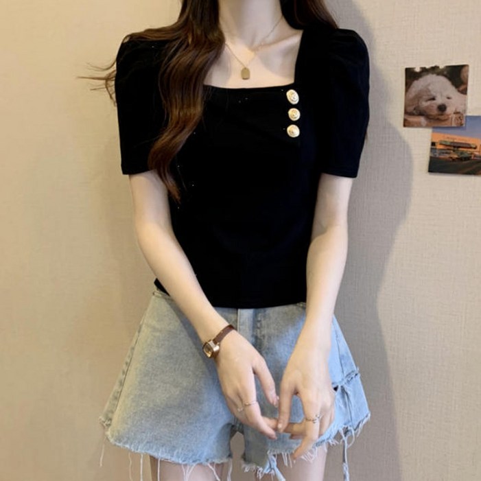 AURALA 여성 예쁜 퍼프소매 스퀘어넥 반팔티 패션 슬림핏 반팔 티셔츠