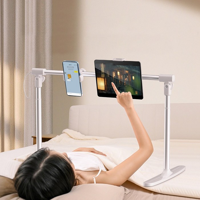 HUIJII 접이식 침대용 휴대폰 거치대 침대용 태블릿 거치대 높이 폭 조절 가능 듀얼 헤드 라이브 스탠드, 화이트, 1개, 거치대 풀세트