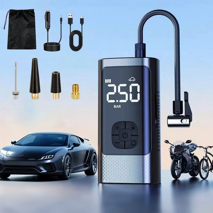 VERVEO 타이어 공기압 주입기 6000mAh 리튬 배터리 정밀 타이어 공기압 모니터링 자동차 오토바이 자전거 농구공 범용 공기부양 보조배터리, 블랙6000mah, 1개