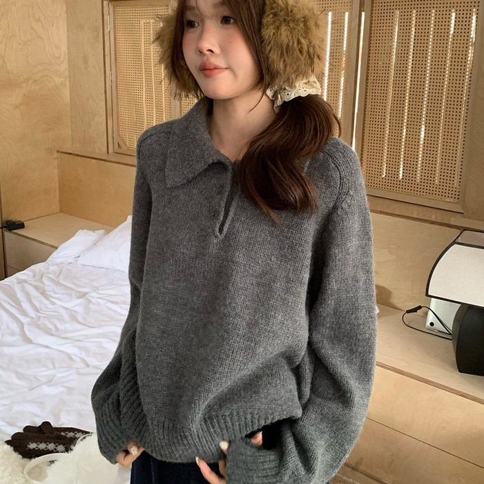 웨일쓰 여성 카라니트 루즈핏 니트 긴팔 기본 데일리 겨울 스웨터