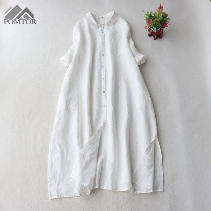 POMTOR 여성 루즈핏 커즈롱 린넨 긴팔 셔츠 원피스