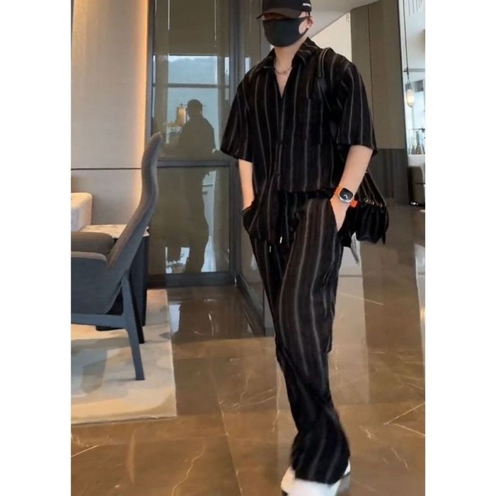 WEIHAN 남성 시원한 데일리룩 세트  린넨 스타일 반팔 셔츠  와이드 팬츠 바캉스룩