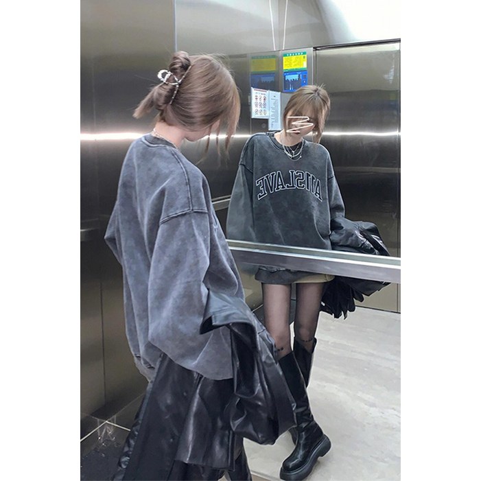 해피유통 여성용 빈티지 워싱 레터링 박시핏 스웨트셔츠 가을 봄 캐주얼 스타일 깔끔