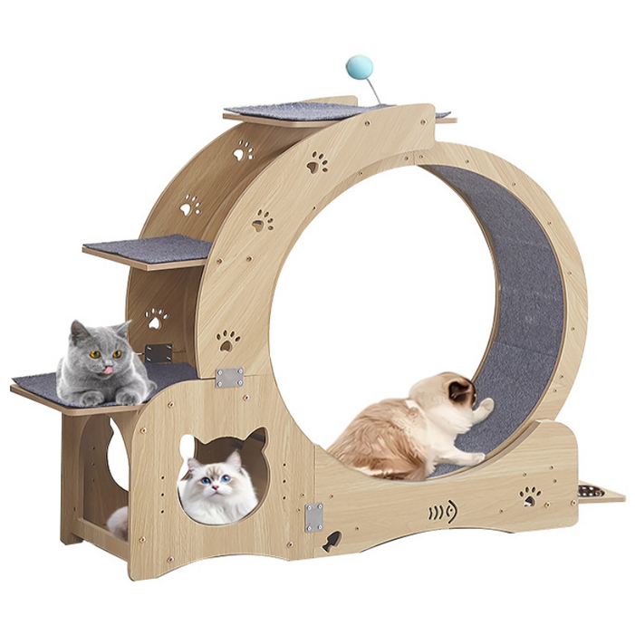 New World 고양이 캣 휠 워커 트레드밀 스크래쳐 펫 롤링 장난감 고양이 러닝머신 고양이 기어오르기 장난감 고양이 그릇 일체형, 1개, 원목색