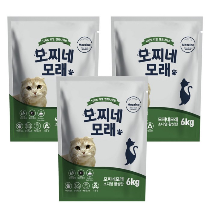 모찌네 고양이 응고형 활성탄 소디엄 벤토나이트, 6kg, 3개, 무향