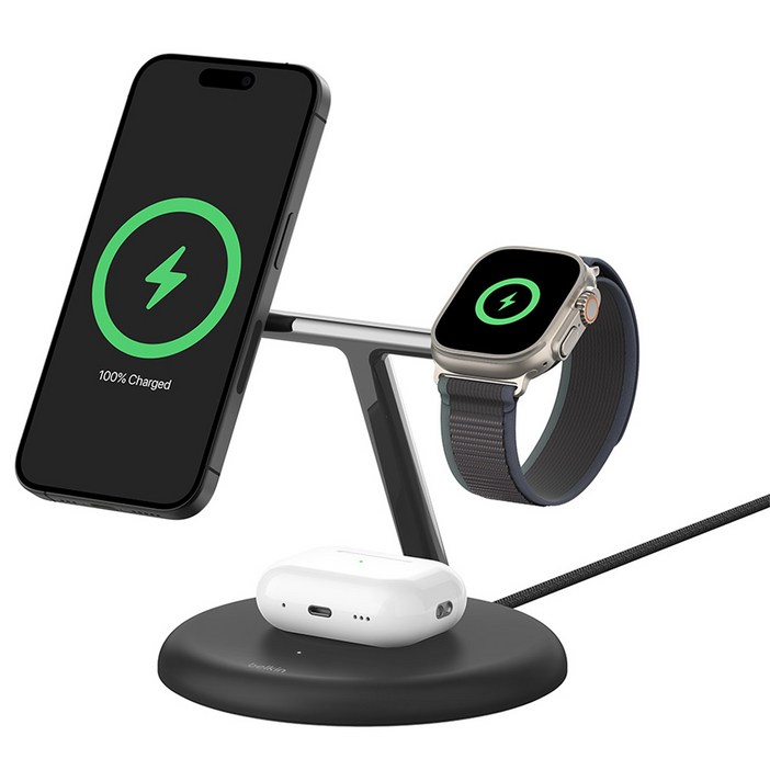 벨킨 부스트업 프로 Qi2 15W 3in1 마그네틱 무선 충전 스탠드 WIZ023kr, 블랙WIZ023krBK, 1개