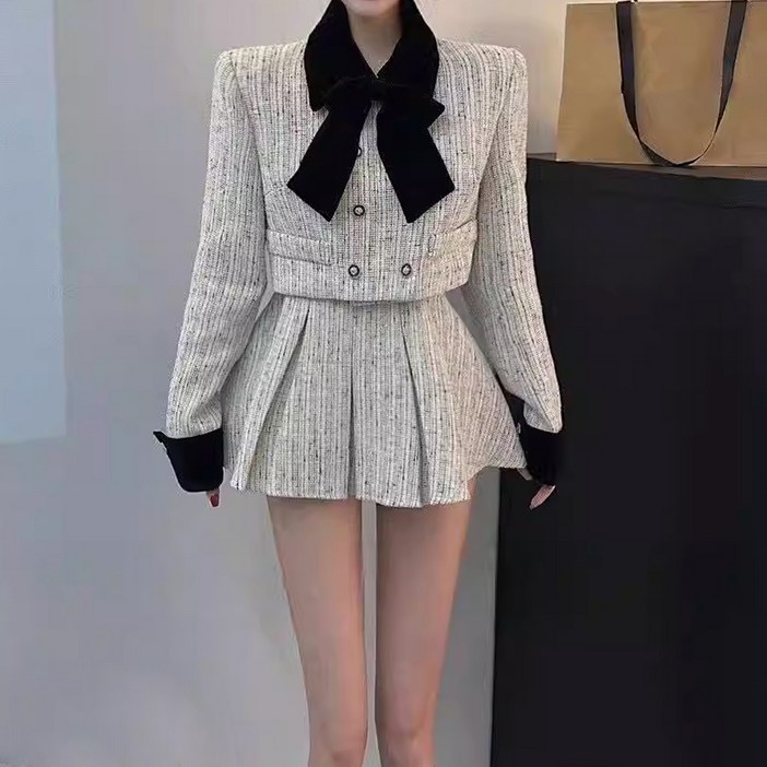 비비에모 러블리 리본 투버튼 자켓  플리츠 스커트 세트 08822