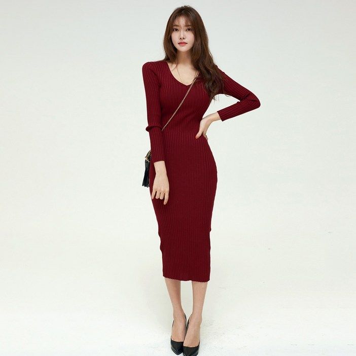 타니즈 브이넥 슬림 골지 니트원피스 플립