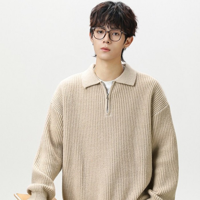벨로시티 남성용 오버핏 반집업 카라 하찌 니트 스웨터