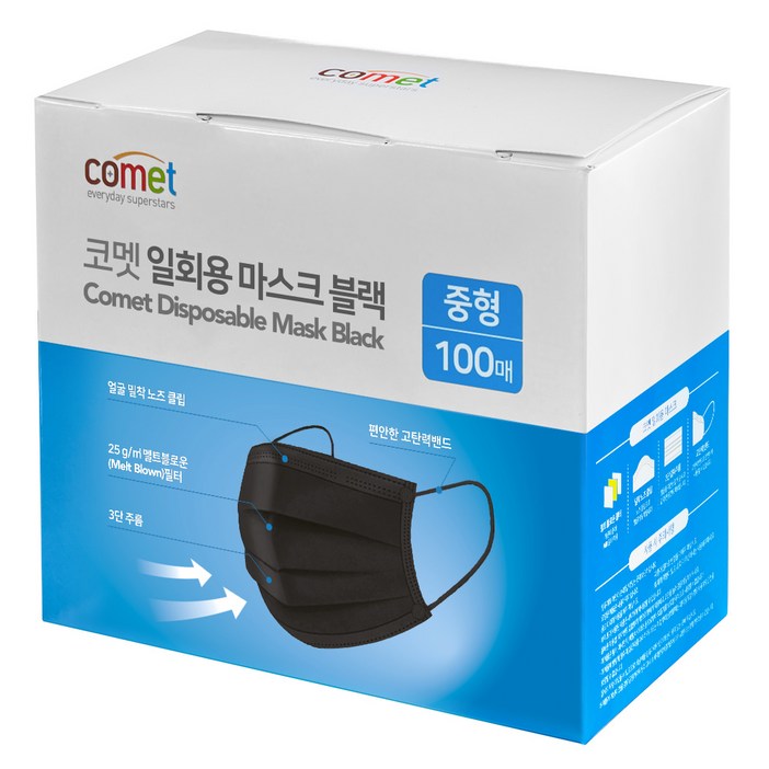 코멧 일회용 마스크, 100개입, 블랙, 1개 코멧 일회용 마스크, 100개입, 블랙, 1개