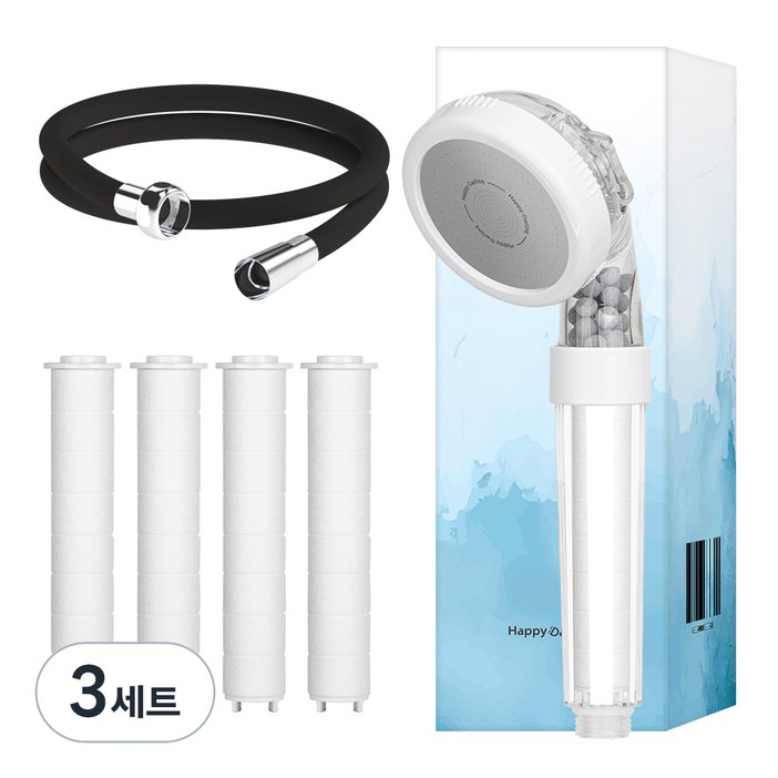 해피달링 3WAY 필터 샤워기  필터 4개  리플랜 샤워호스 2m 세트, 3세트, 블랙