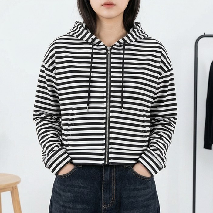알로데 여성용 스트라이프 크롭 후드 집업