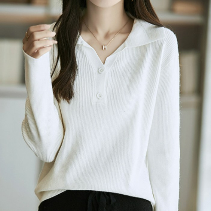 더시럽 여성용 세로 니트 슬림 보온 카라넥 버튼 긴팔 티셔츠