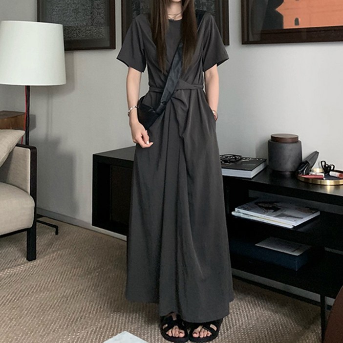 비비에모 크로스 레이빈 반팔 롱 원피스 10497