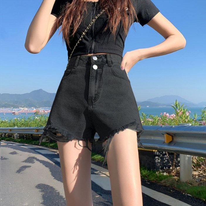 데이소이 여성용 투버튼 데님 빈티지 숏 팬츠