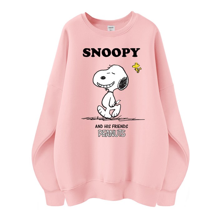 스누피 정품 남녀공용 오버핏 캐릭터 라운드 맨투맨 빅사이즈 데일리 티 루즈핏 커플 티셔츠 남자 여성 롱티 단체티 해피스누피