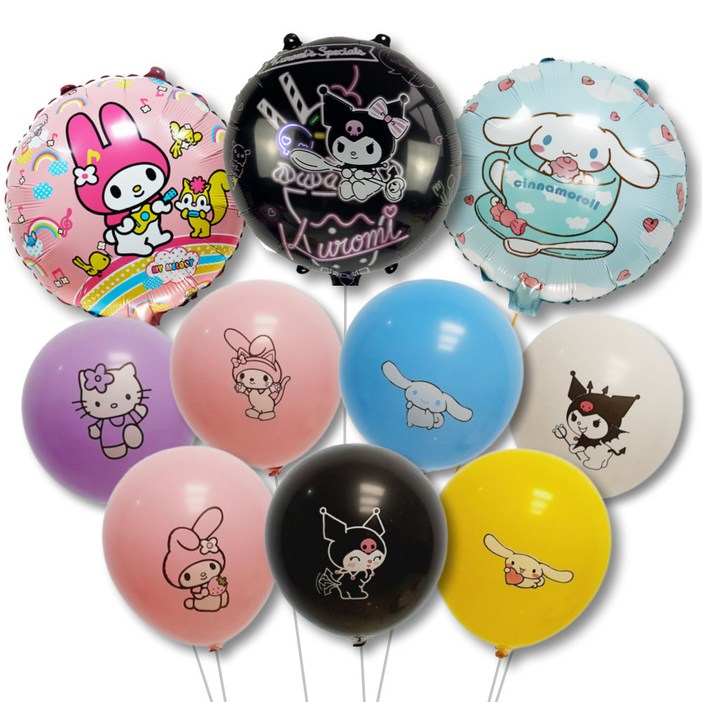 스마일파티 산리오 풍선 마이멜로디 쿠로미 시나모롤 고무풍선, 10p, 산리오원형3종고무풍선7종