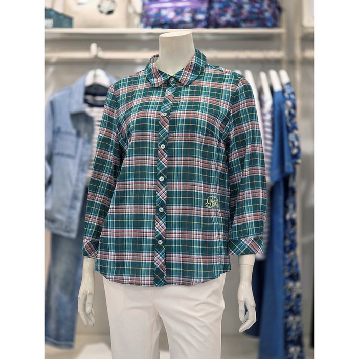 크로커다일레이디 배색 체크 셔츠형 7부 블라우스 CLEMBL202