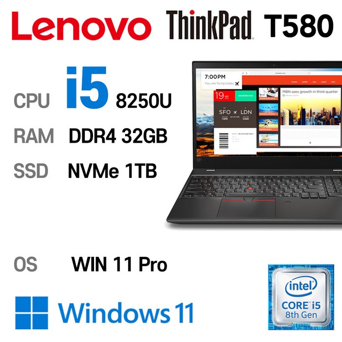 LENOVO 노트북 중고노트북 T580 인텔 8세대 i5-8250U 16GB 듀얼배터리, T580, WIN11 Pro, 32GB, 1TB, 블랙