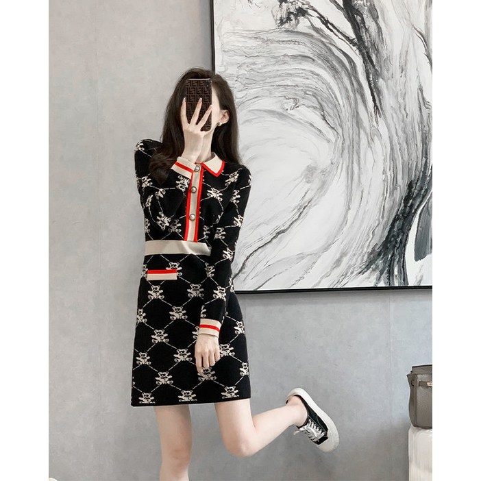 ForU 가을겨울 지금헤어지는중 송혜교 원피스 스타일 뜨거운 패션 긴팔 드레스 2021 최신상 여성의 가을과 겨울 프랑스 스웨터 곰 스웨터 기본 드레스 빠른배송