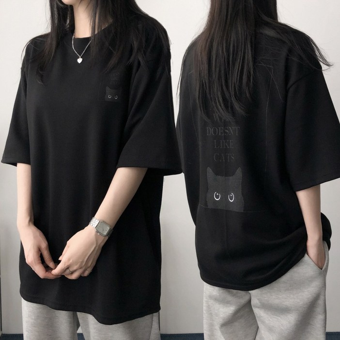 레이디스룸 국산 특양면 2XL 오버핏 고양이 프린팅 빅사이즈 박스 반팔 티셔츠
