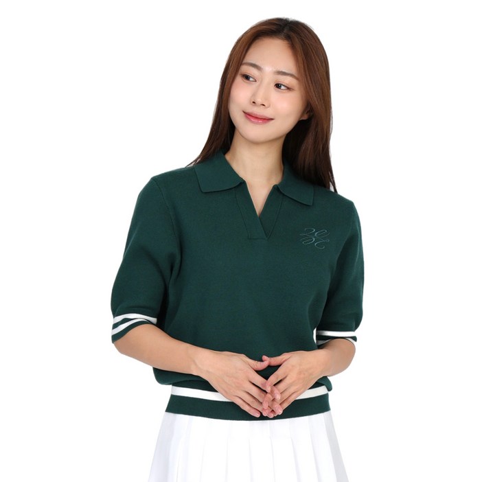 <투엘라> 여성 니트 오픈카라 반팔티셔츠 / 플로라 니트카라 7부소매 반소매티