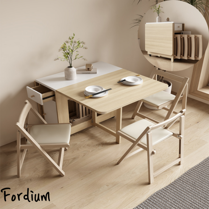 폴디움 공간활용 이동식 확장형 다이닝 접이식 식탁, 2인용, 베이지