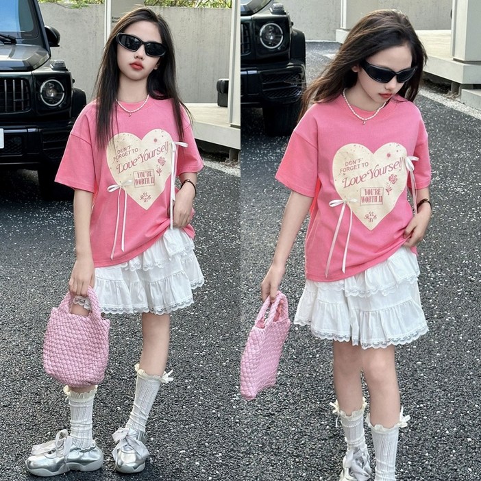 삐삐네옷가게 여아 초등학생 하트리본 레이스 치마세트