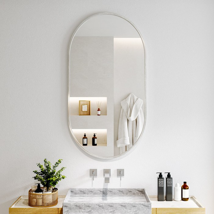 뷰티피크 타원형 벽거울 화장대거울 욕실거울 강화안전유리, 실버43cm