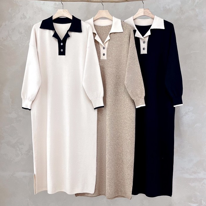 니트코어 여성 루즈핏 여유 쫀쫀 고퀄 배색 카라 긴팔 니트 롱원피스 임산부원피스 임부복 등하원룩 겨울하객룩 하객원피스