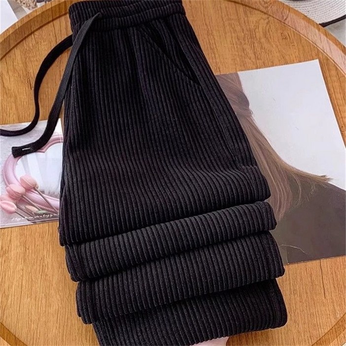 Vezri 여성용 고급스러운 고무 밴드 하이웨이스트 코듀로이 팬츠 가을 겨울 데일리룩