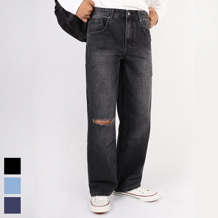 GTM 1010 루즈핏 레그 데미지 데님팬츠 남자 워싱 청바지 와이드 찢청 스판 빅사이즈