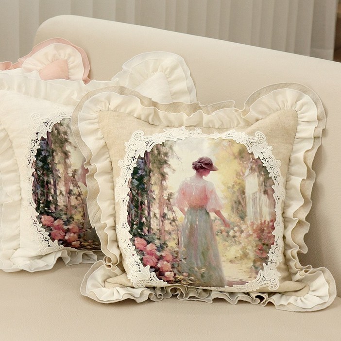 프로방스 린넨 프릴 고급 쇼파 거실 사각 쿠션 방석, 베이지