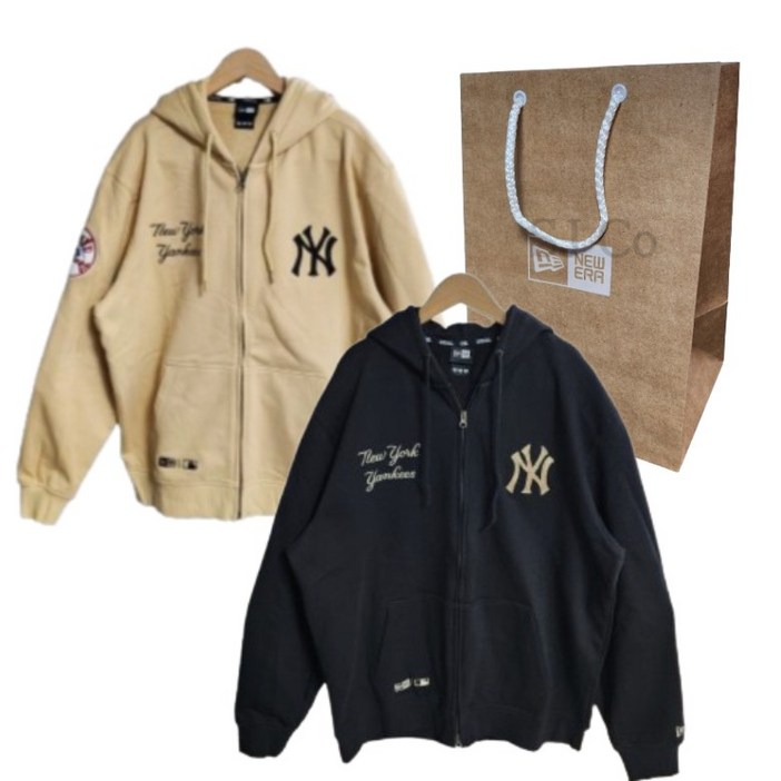 백화점판 뉴에라 뉴욕 양키스 더블 로고 MLB 남자 남성 후드 집업 긴팔 티셔츠  쇼핑백