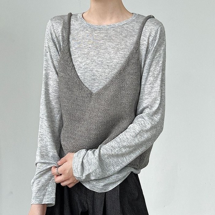 Makone  여성 V넥 루즈핏 니트 끈나시 조끼 뷔스티에 나시