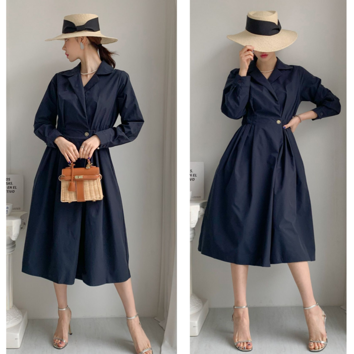 엣지룸 롱 카라 허리 뒷밴딩 원피스 오픈단추 하객룩