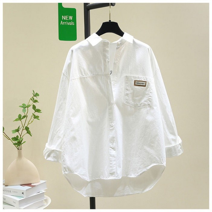 POMTOR 여성 긴팔 면 셔츠 남방 루즈핏 무지 스타일